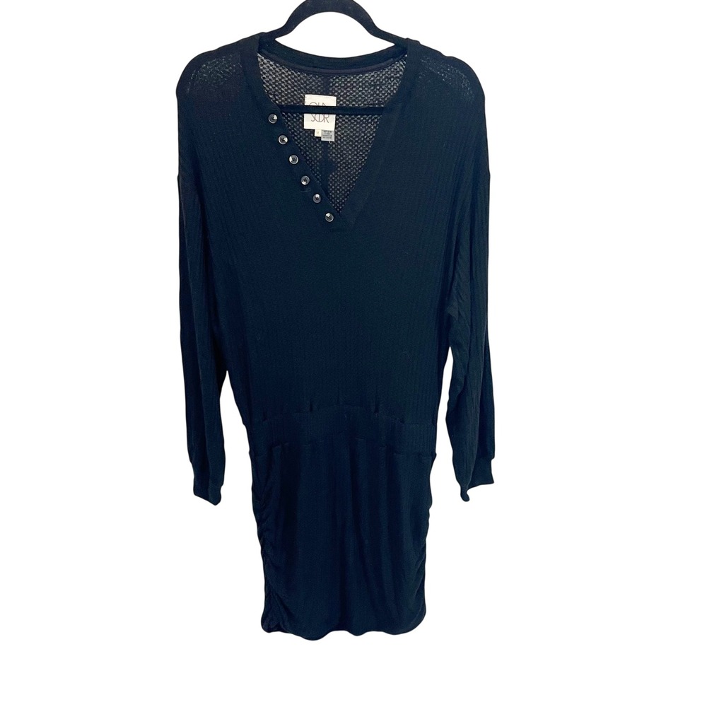 NEW Chaser Black Thermal Waffle Knit Henley Ruched Mini Dress - Size Medium